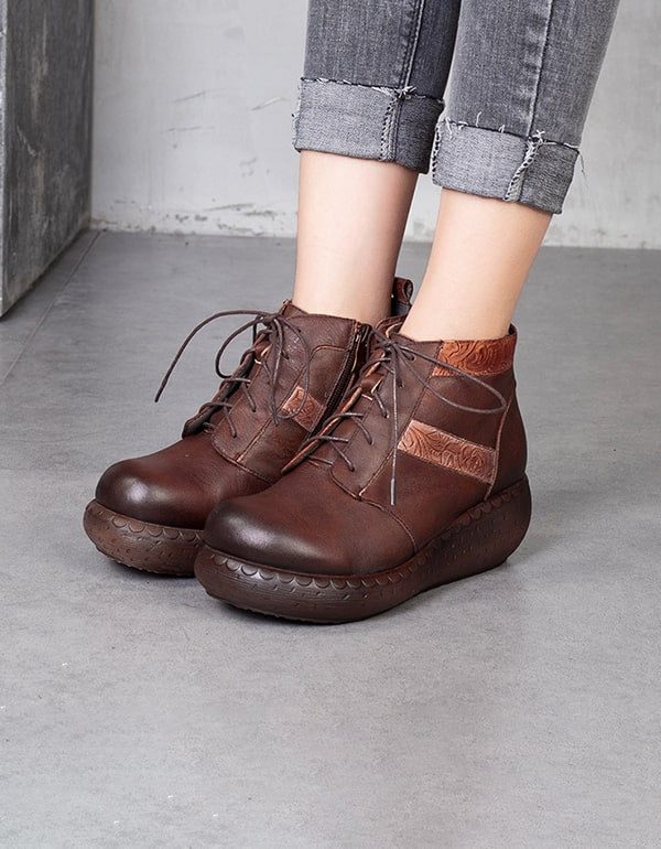 Handgeborduurde Retro Plateau Winterlaarzen Met Veters
