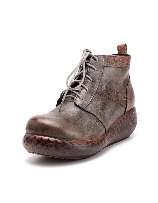 Handgeborduurde Retro Plateau Winterlaarzen Met Veters