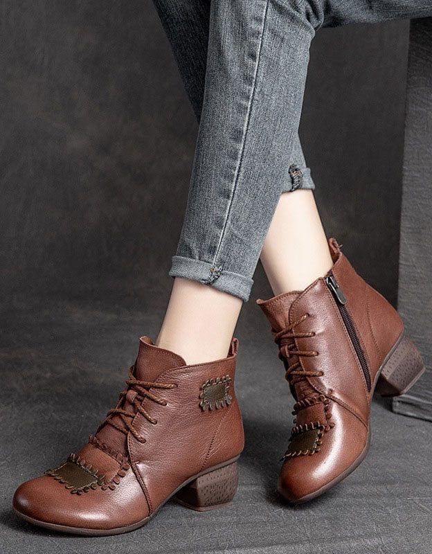 Handgemaakte Retro Leren Patch Chunky Laarzen