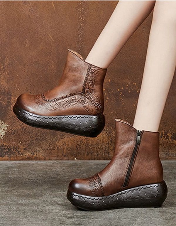 Handgemaakte Vintage Retro Leren Wedge Boots