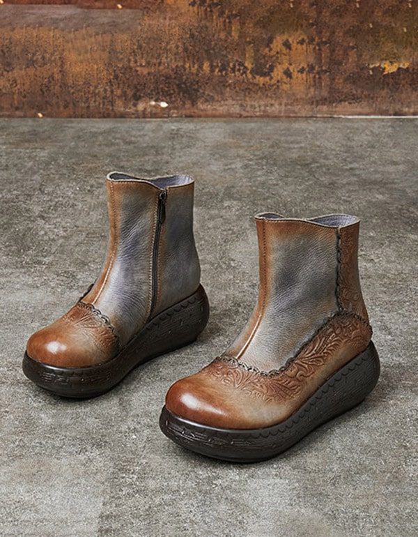 Handgemaakte Vintage Retro Leren Wedge Boots