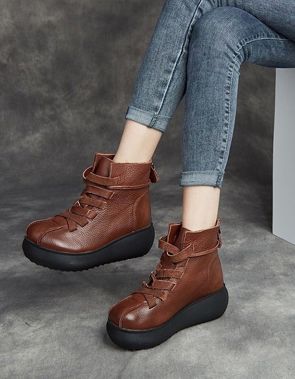 Herfst Winter Handgemaakte Retro Leren Laarzen Met Dikke Zolen