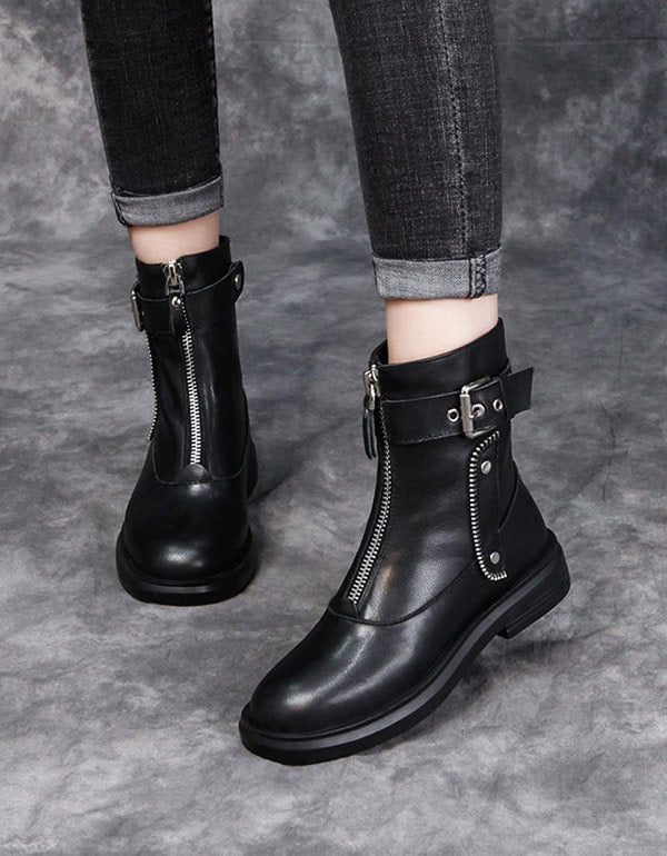 Herfst Winter Leren Rits Punk Laarzen Zwart