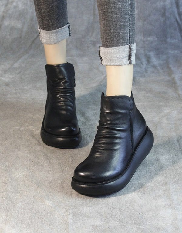 Retro Lederen Pluche Sleehak Laarzen Voor Dames