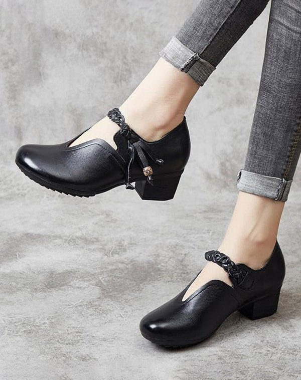 Dames Retro Leren Geweven Chunky Schoenen