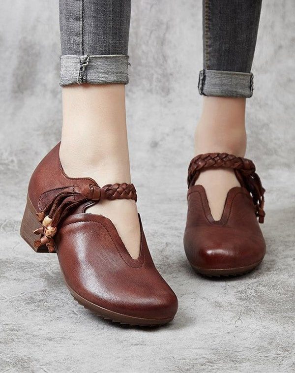 Dames Retro Leren Geweven Chunky Schoenen
