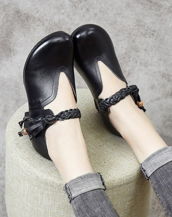Dames Retro Leren Geweven Chunky Schoenen