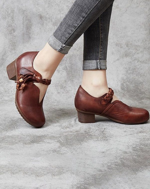 Dames Retro Leren Geweven Chunky Schoenen
