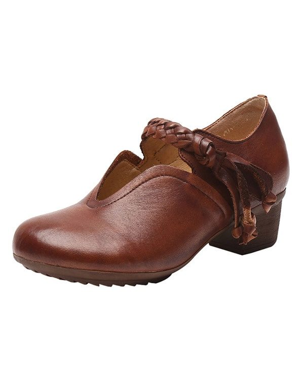 Dames Retro Leren Geweven Chunky Schoenen