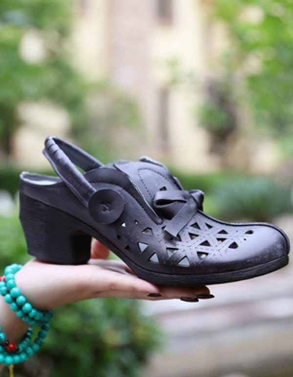 Handgemaakte Lederen Dikke Hakken Retro Schoenen