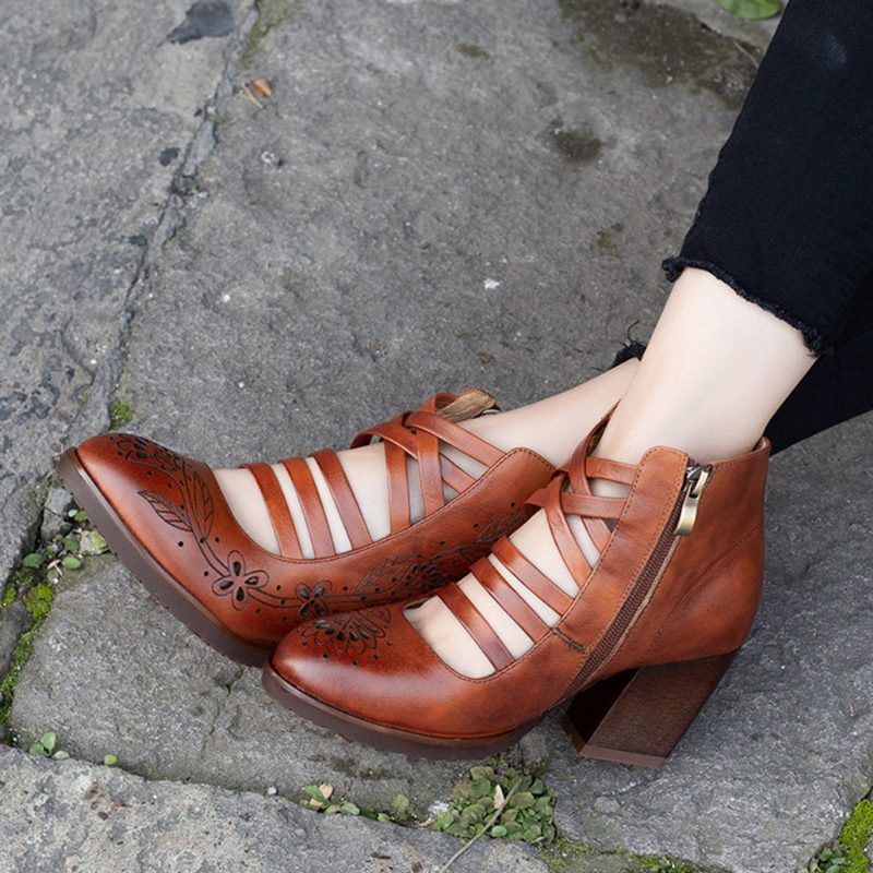 Handgemaakte Retro Lederen Vintage Chunky Schoenen