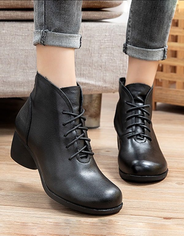 Handgemaakte Retro Leren Chunky Dameslaarzen