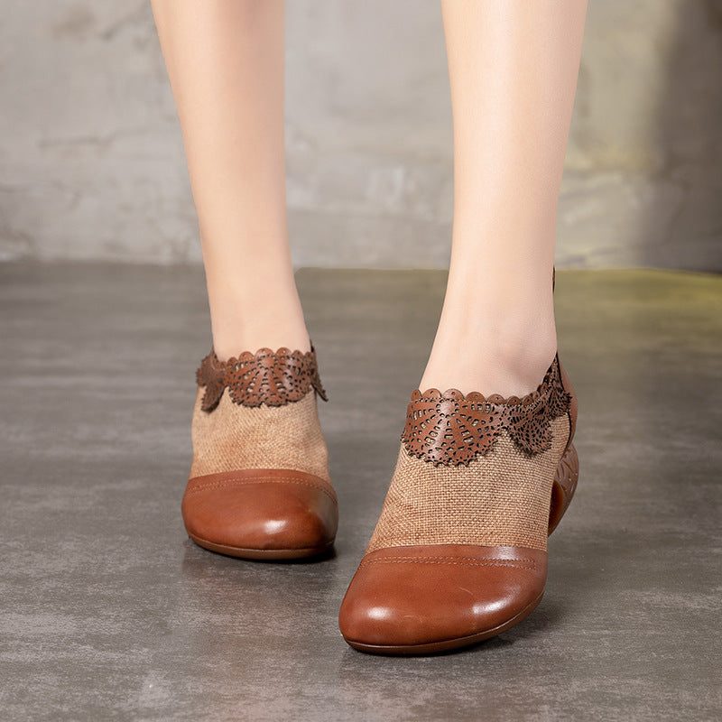 Retro Handgesneden Stitching Pumps Dikke Damesschoenen