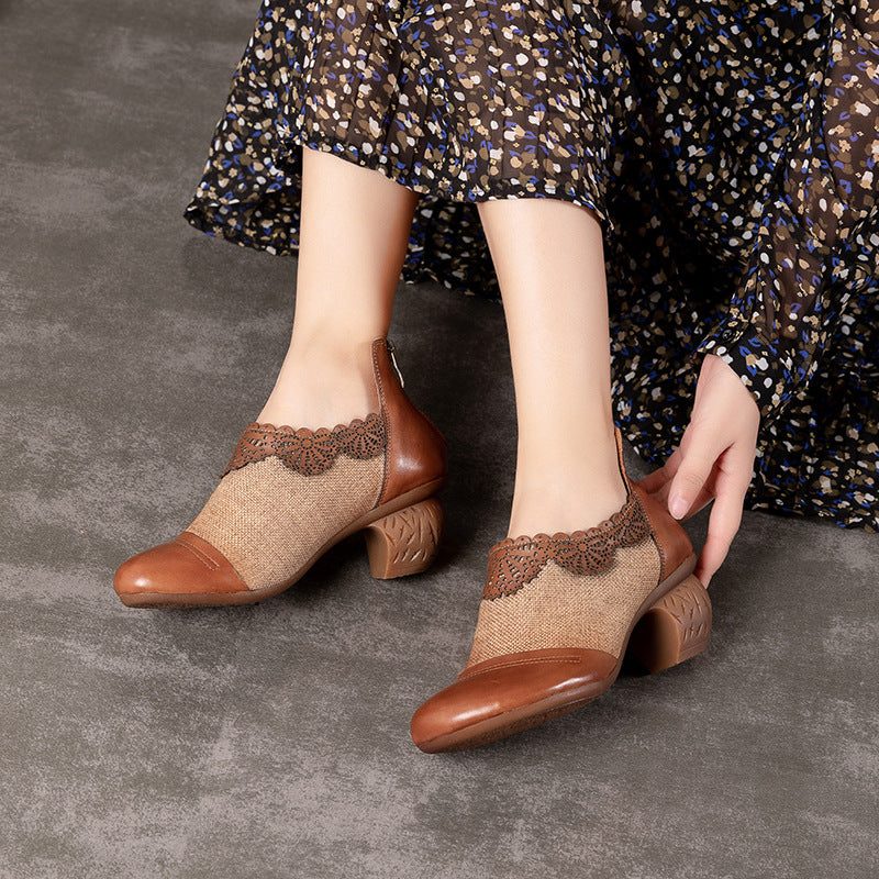 Retro Handgesneden Stitching Pumps Dikke Damesschoenen