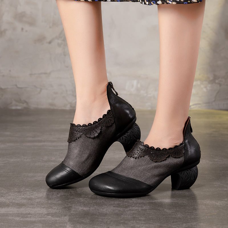Retro Handgesneden Stitching Pumps Dikke Damesschoenen