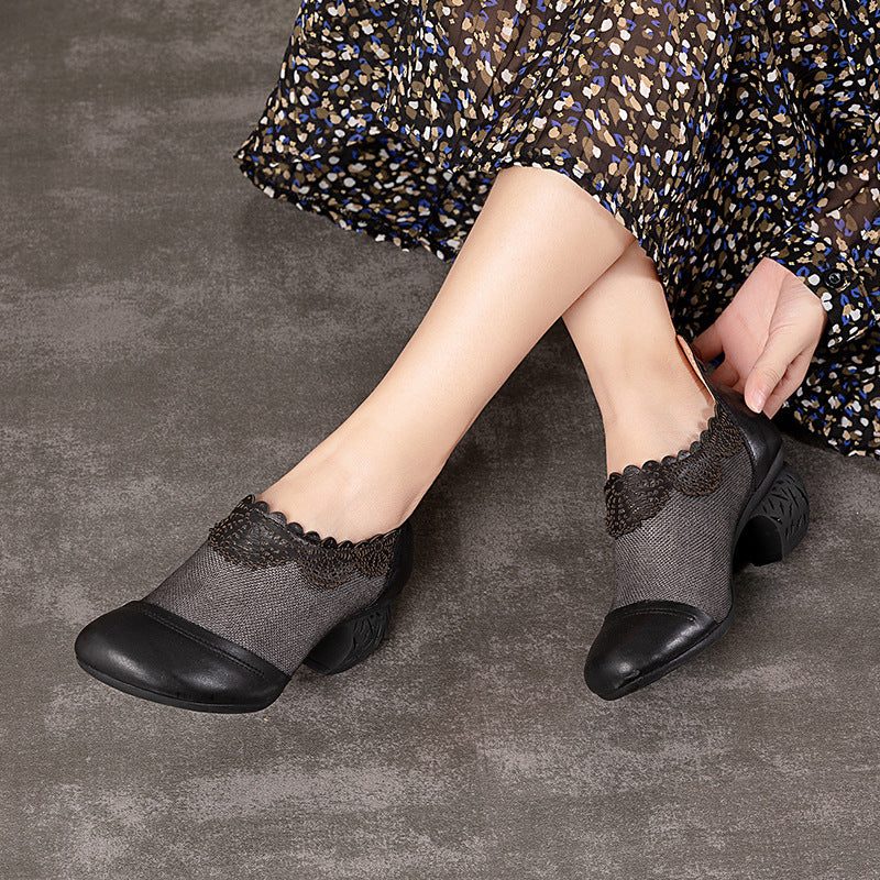 Retro Handgesneden Stitching Pumps Dikke Damesschoenen