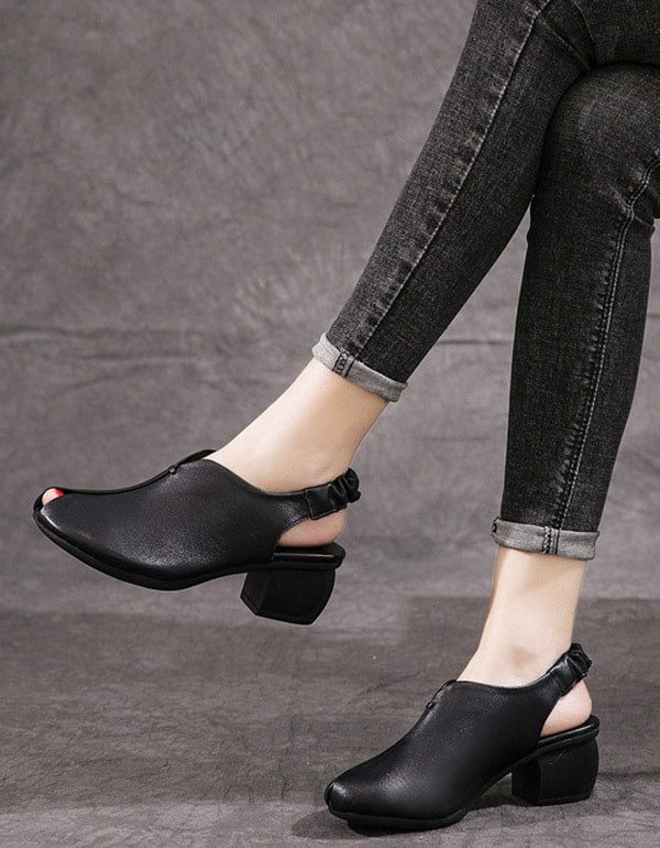 Retro Leren Dikke Schoenen Met Open Teen En Dikke Hakken