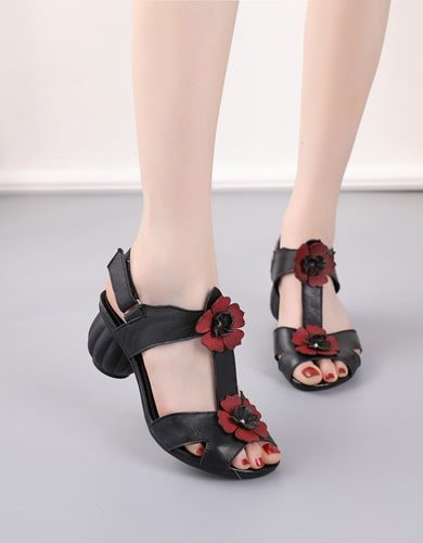 Zomer Retro Leren Bloem Chunky Hakken