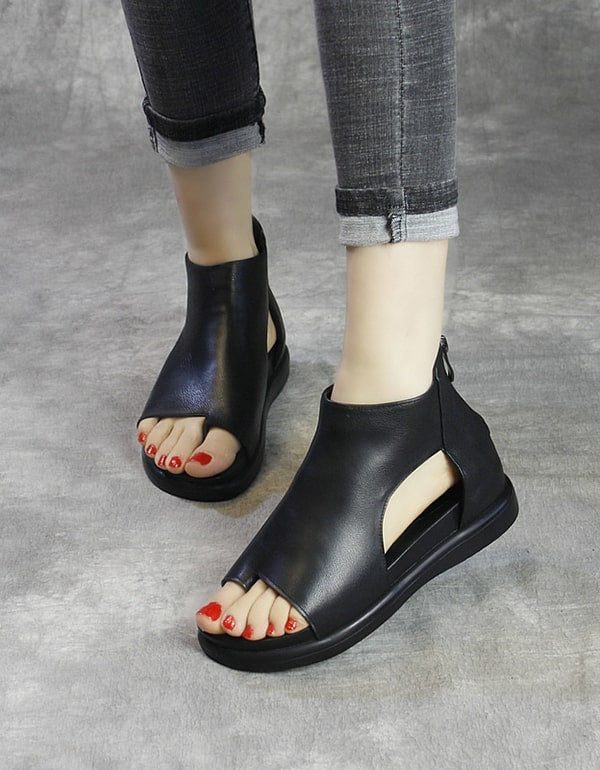 Dames Retro Leren Open Teen Uitgesneden Sandalen