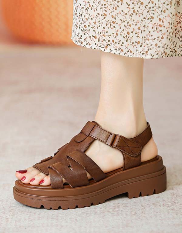 Handgemaakte Vintage Open Teen Platform Sandalen