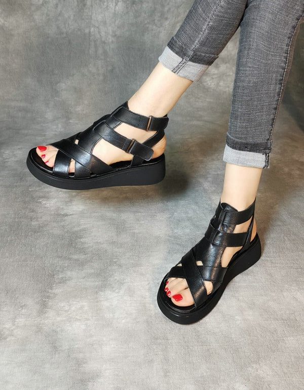 Leren Retro Zomer Sandalen Met Bandjes Voor Dames
