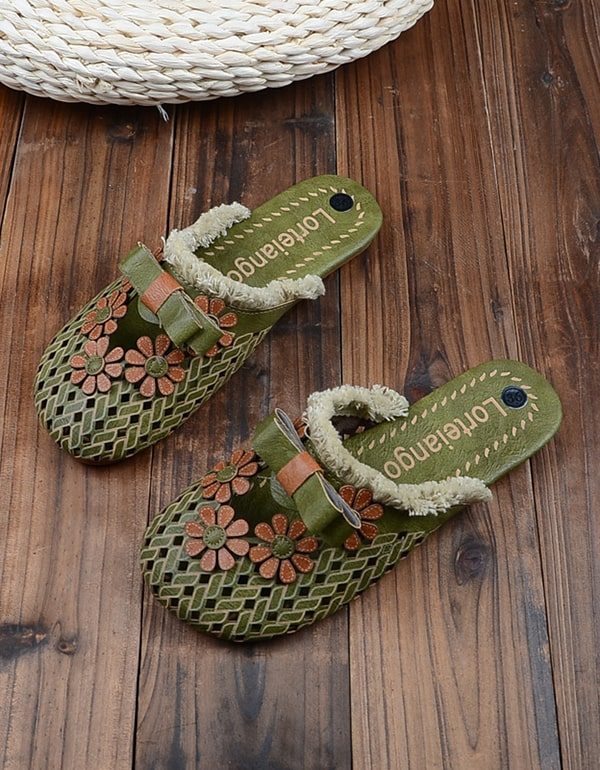 Handgemaakte Retro Leren Bloemenpantoffels Voor Dames