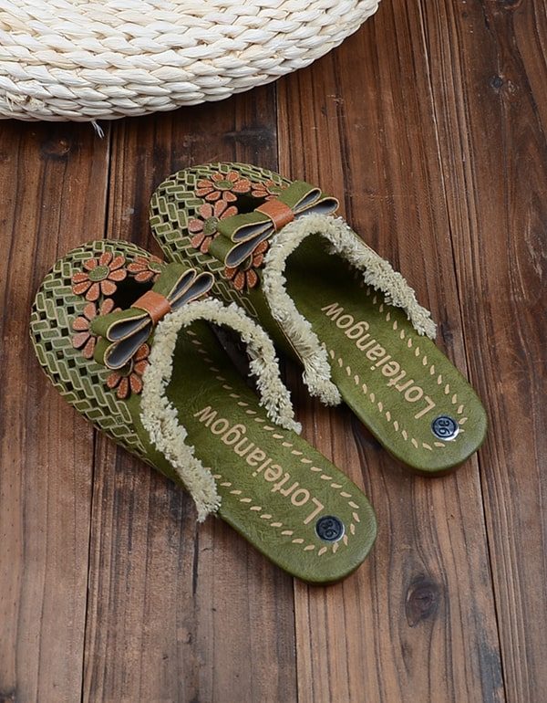 Handgemaakte Retro Leren Bloemenpantoffels Voor Dames
