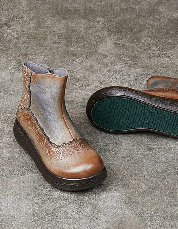 Handgemaakte Vintage Retro Leren Wedge Boots