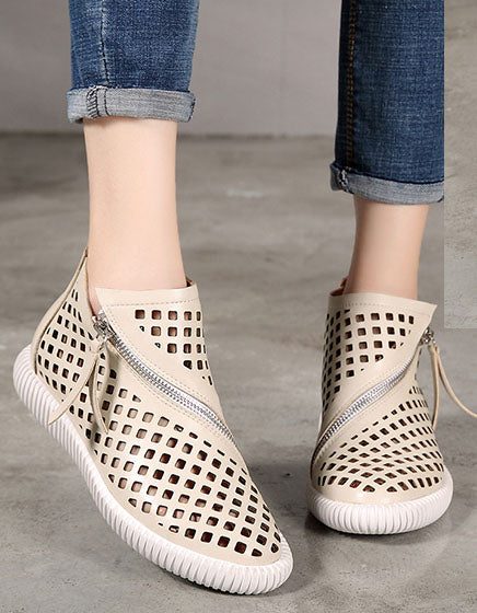 Oblique Zipper Retro Leather Hollow Summer Boots