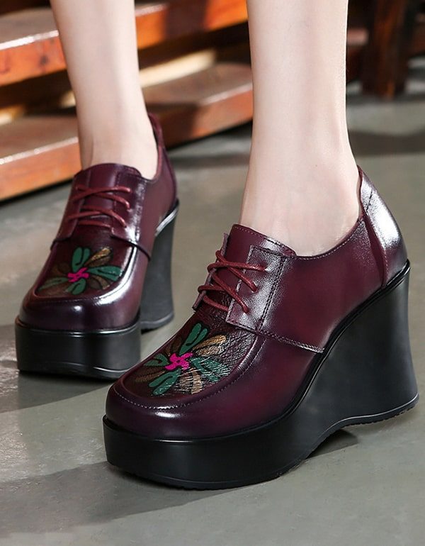 Retro Lederen Handgemaakte Vintage Wedge Schoenen