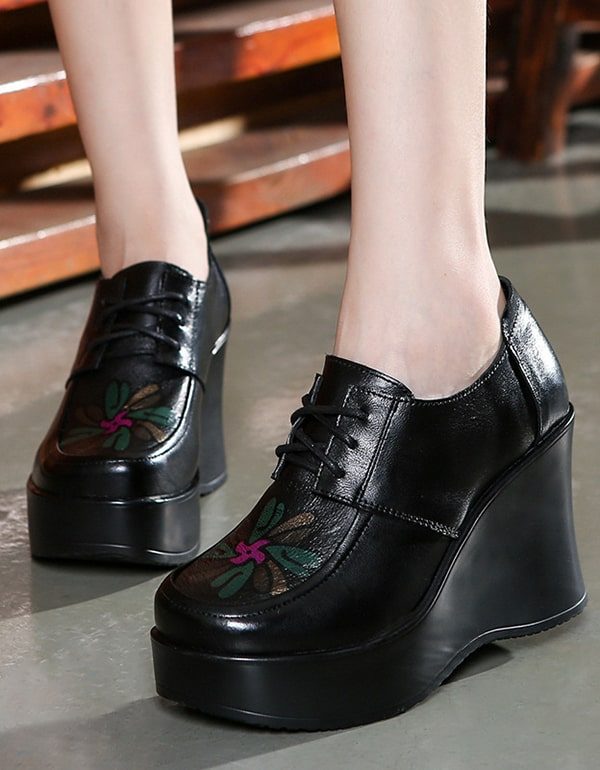 Retro Lederen Handgemaakte Vintage Wedge Schoenen