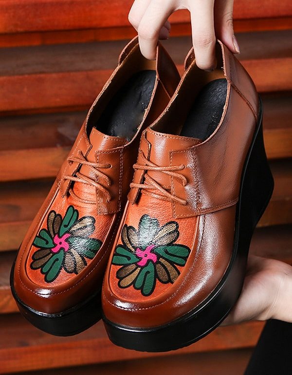 Retro Lederen Handgemaakte Vintage Wedge Schoenen