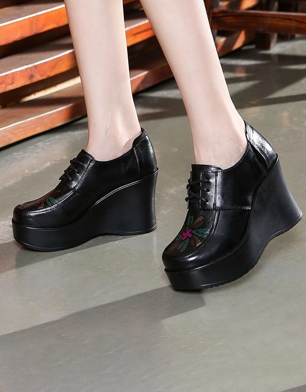 Retro Lederen Handgemaakte Vintage Wedge Schoenen