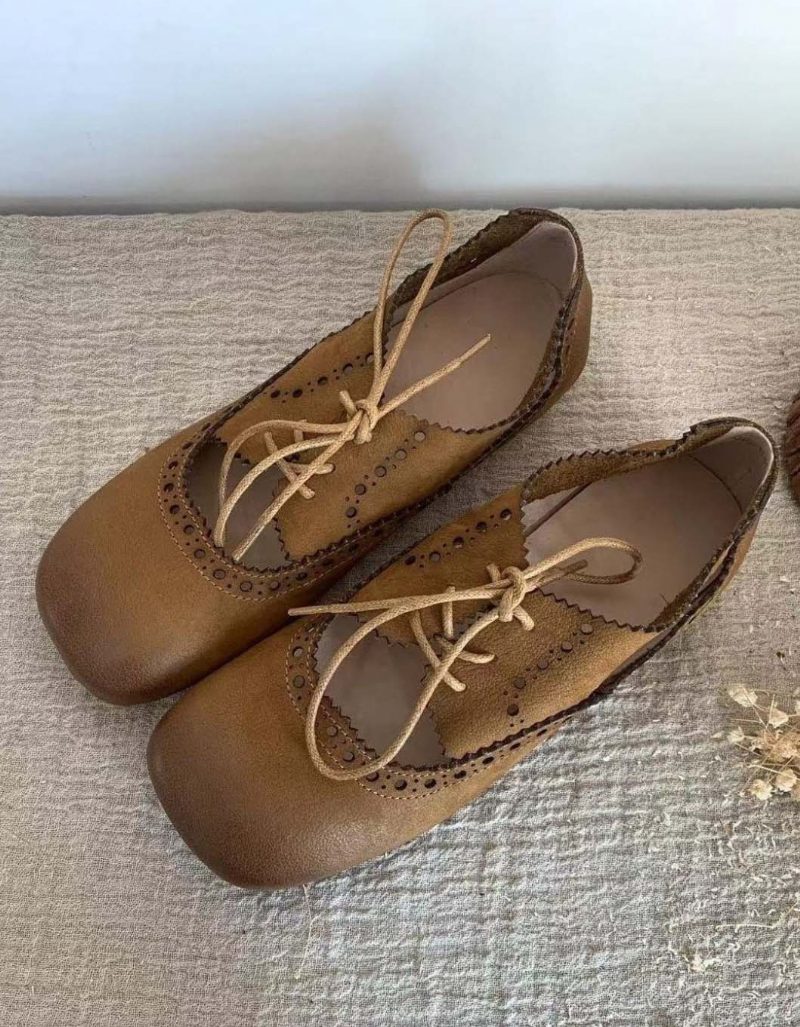 Ademende Zachte Leren Retro Platte Schoenen Met Veters