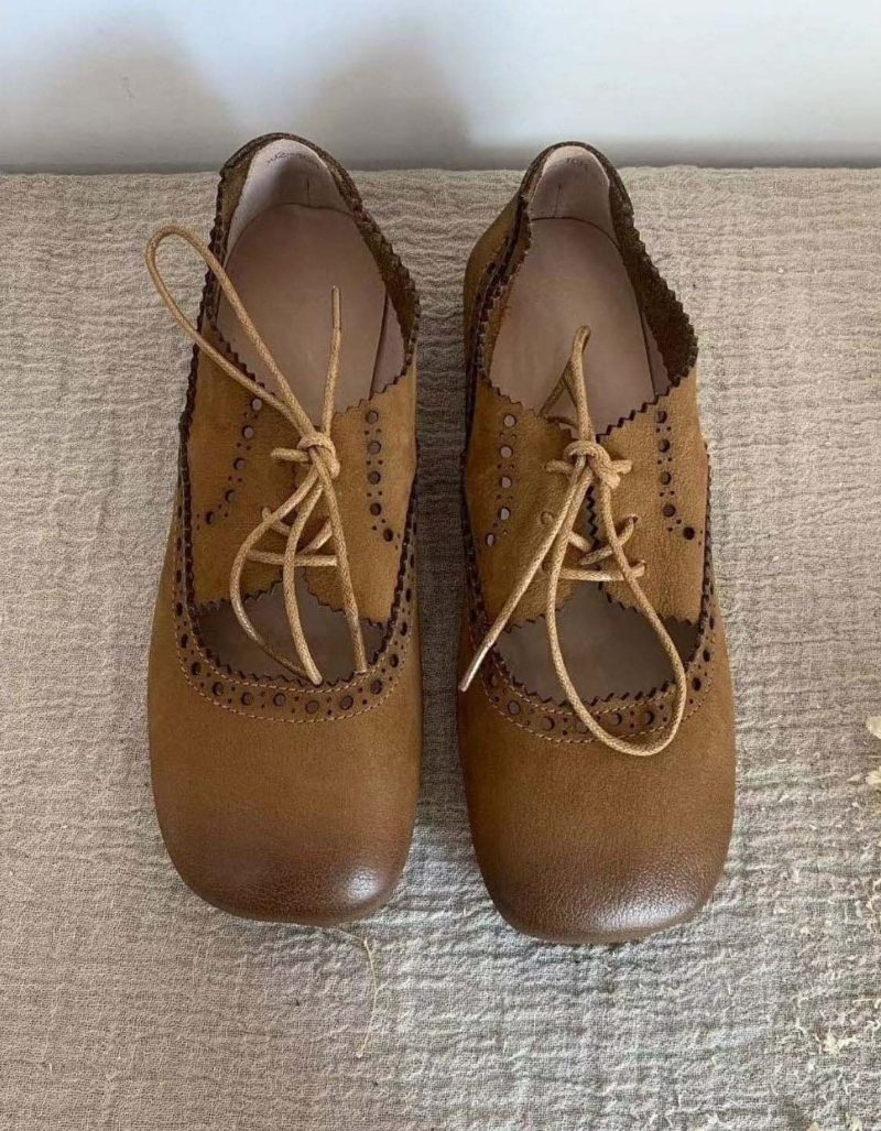 Ademende Zachte Leren Retro Platte Schoenen Met Veters