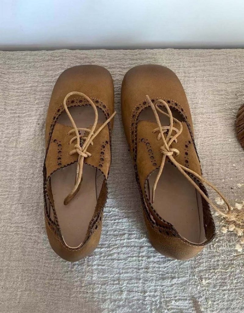 Ademende Zachte Leren Retro Platte Schoenen Met Veters