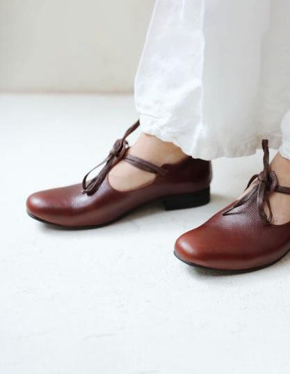 Handgemaakte Echt Lederen Vintage T-band Platte Schoenen