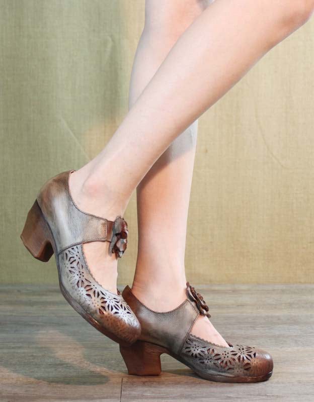 Handgemaakte Retro Lederen Holle Bloem Chunky Hakken