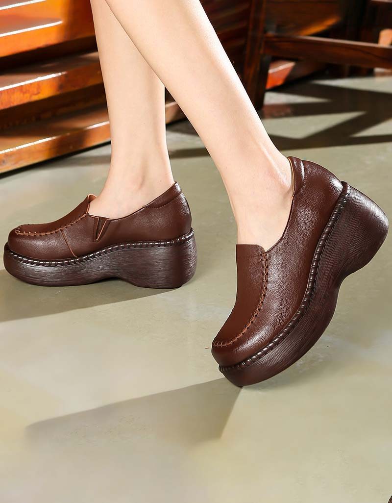Retro Leren Damesschoenen Comfortabele Lente-wigschoenen