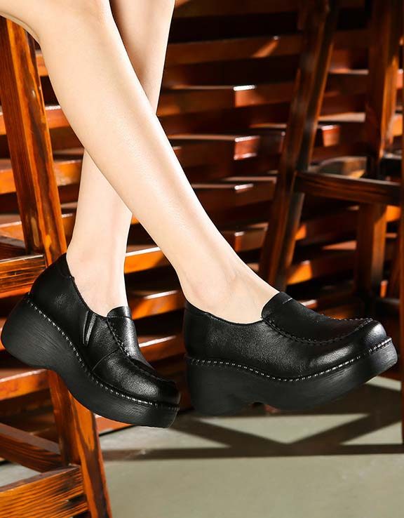 Retro Leren Damesschoenen Comfortabele Lente-wigschoenen