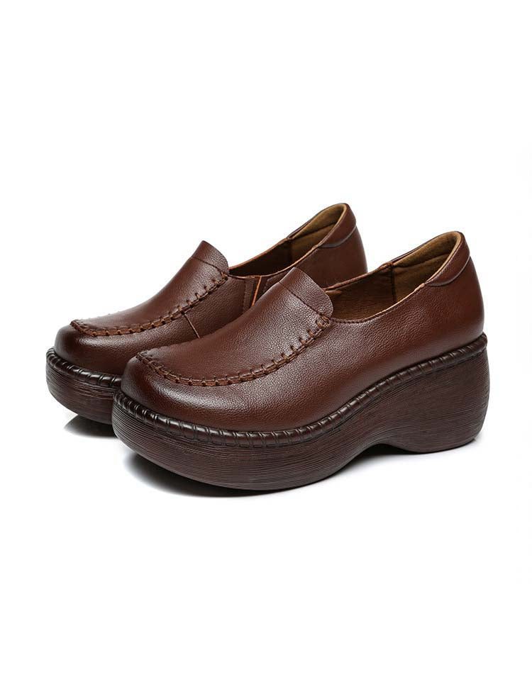 Retro Leren Damesschoenen Comfortabele Lente-wigschoenen