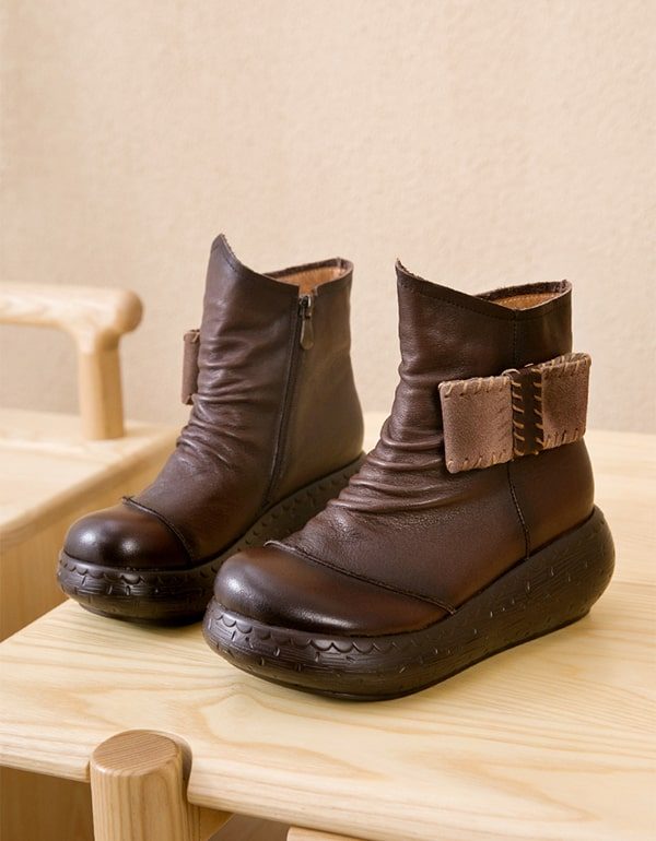 Handgemaakte Comfy Retro Leren Dames Platform Laarzen
