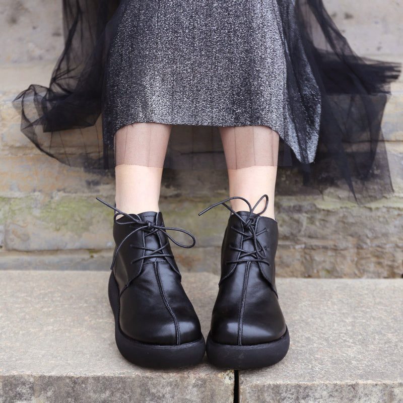 Herfst Retro Leren Wedge Laarzen Voor Dames