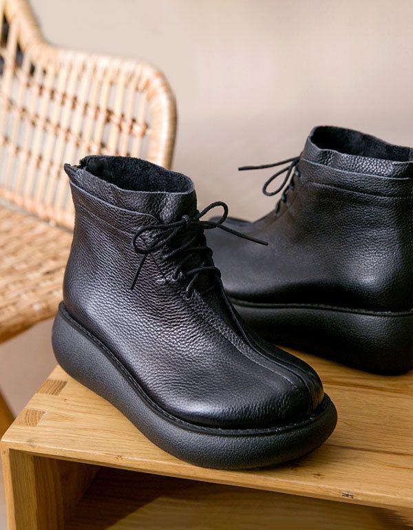 Retro Leren Dames Sleehak Korte Laarzen