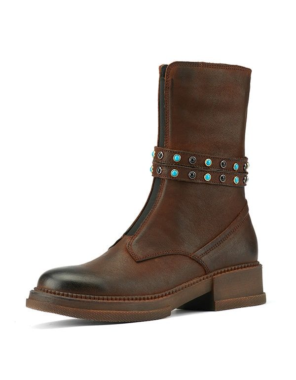 Britse Leren Laarzen Met Vintage Gesp En Studs