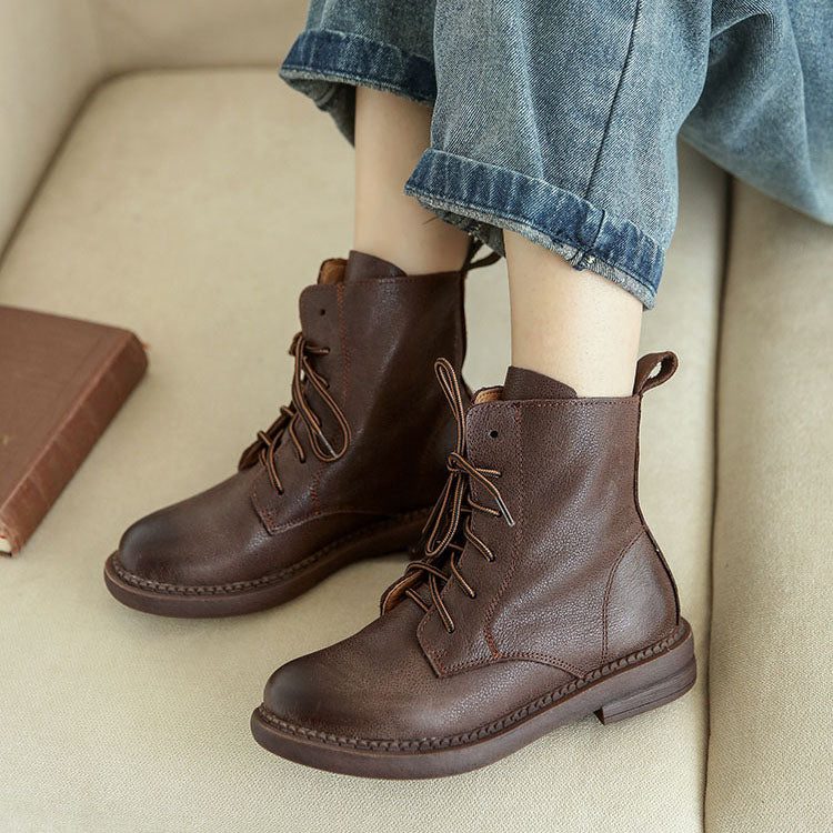 Britse Retro Leren Korte Enkellaarsjes| Cadeau Schoenen