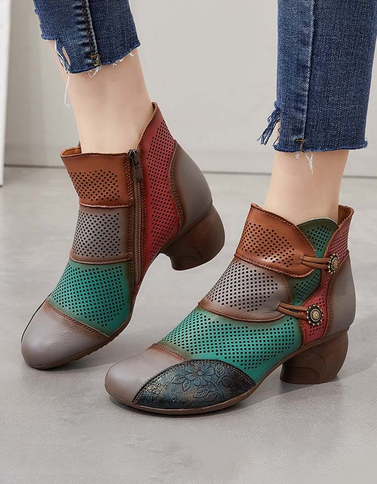 Handgemaakte Hollow Vintage Chunky Booties Met Kleurblokken