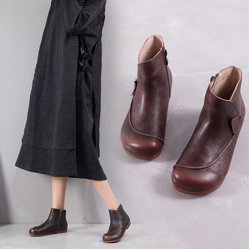 Retro Lederen Handgemaakte Comfortabele Enkellaarsjes | Cadeau Schoenen