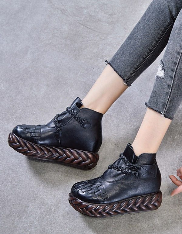 Trendy Handgeweven Leren Dameslaarzen In Etnische Stijl