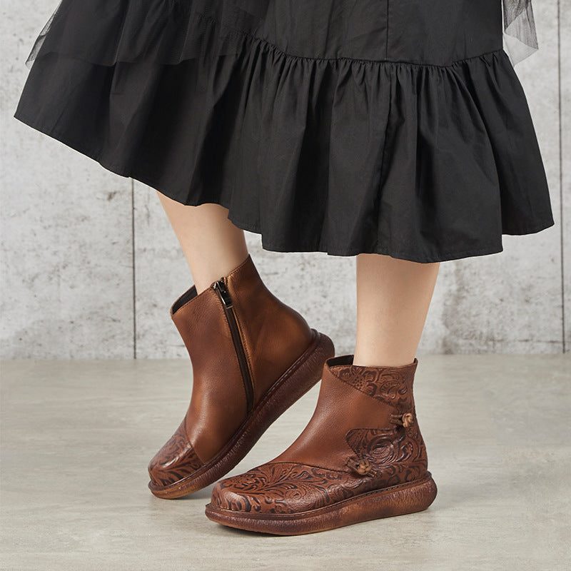 Vintage Etnische Stijl Dikke Zolen Herfst Reliëf Laarzen | Cadeau Schoenen